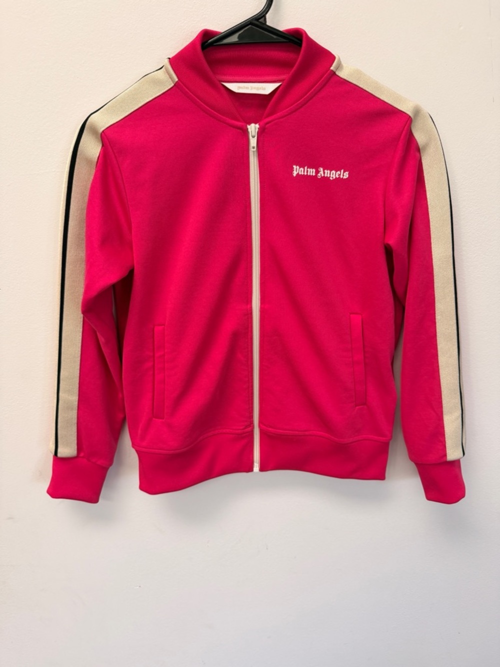 Palm Angels Kids Bright Pink Zip-Front Track Jacket with Cream Stripes